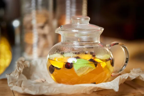 Fruit Berry Tea Transparent Glass Teapot Close Selective Focus — Stock Photo, Image