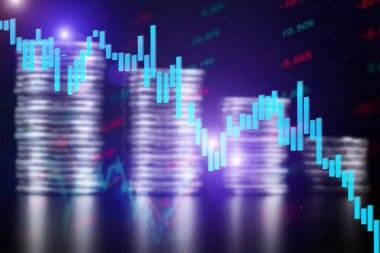 Bozuk para yığınlarının arka planında düşen bir borsanın grafiği