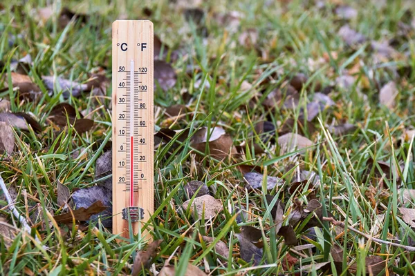 Çimenlerdeki Alkol Termometresinin Yakından Çekilmiş Fotoğrafı Sıcaklığı Celsius Derecesinde Gösteriyor — Stok fotoğraf