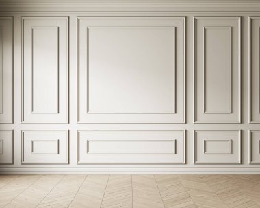 Pervazlı duvar paneli olan bej rengi klasik iç döşeme. 3d resimleme modellemesi.