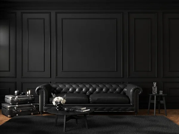 Μαύρο κλασικό εσωτερικό με καναπέ, τραπέζι, χαλί, διακόσμηση και καλούπια πάνελ τοίχου. 3D καθιστούν εικόνα mockup. — Φωτογραφία Αρχείου