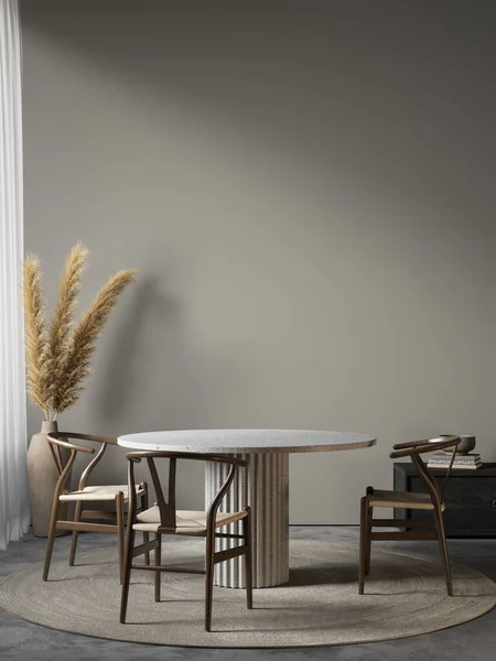 Interior abu-abu dengan meja makan dan dekorasi. Mockup gambar render 3d. — Stok Foto