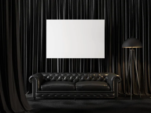 Μαύρο εσωτερικό με κουρτίνες, καναπέ, λευκή οριζόντια αφίσα και διακόσμηση. 3D καθιστούν εικόνα mockup. — Φωτογραφία Αρχείου