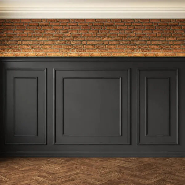 Κλασικό πατάρι εσωτερικό με μαύρο τοίχο πίνακα, καλούπια και τοίχο από τούβλα. — Φωτογραφία Αρχείου