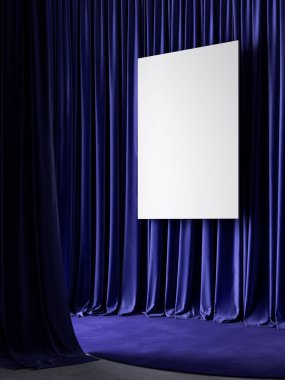 Koyu mavi perdeler, poster ve halı. 3d resimleme modellemesi.