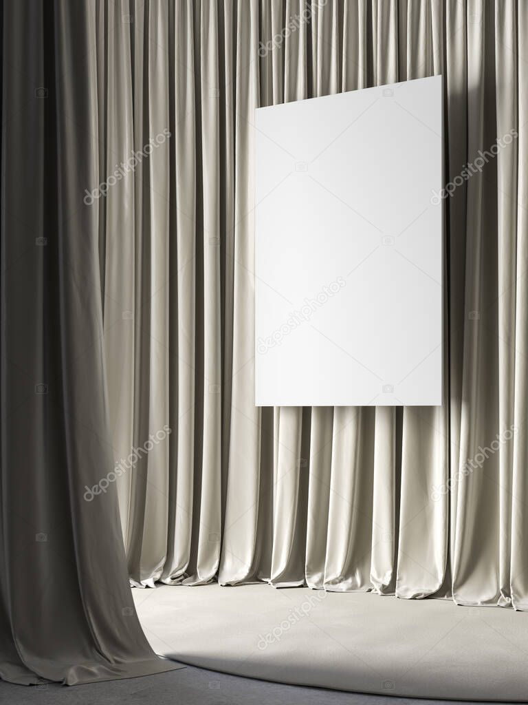 Beige white curtains, poster and carpet. 3d render illustration mockup.