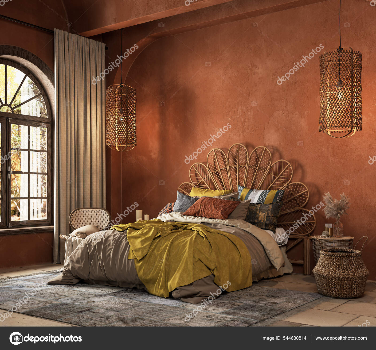 Interior do quarto estilo boho laranja com poltrona, cômoda e