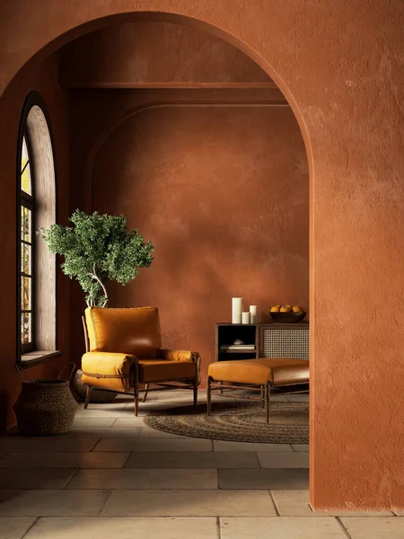 Turuncu boho tarzı iç döşeme ve kavisli. 3d resimleme modellemesi.