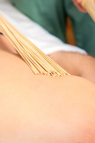 Mulher Jovem Tem Massagem Dupla Samurai Com Vassouras Bambu Spa — Fotografia de Stock