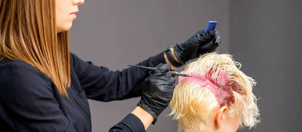 Kolory Fryzjerskie Kobieta Blond Włosy Kolorze Różowym Salonie Piękności — Zdjęcie stockowe