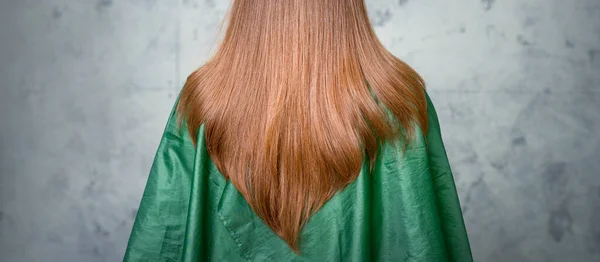 灰色の背景に長い茶色の髪の女性のリアビュー — ストック写真