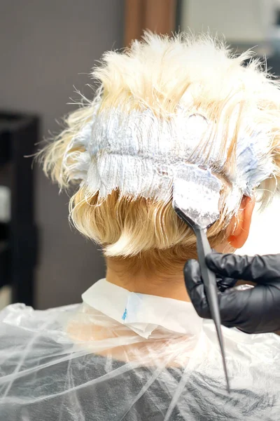 美容室で彼女の女性のクライアントの髪を染めているプロの美容師 — ストック写真