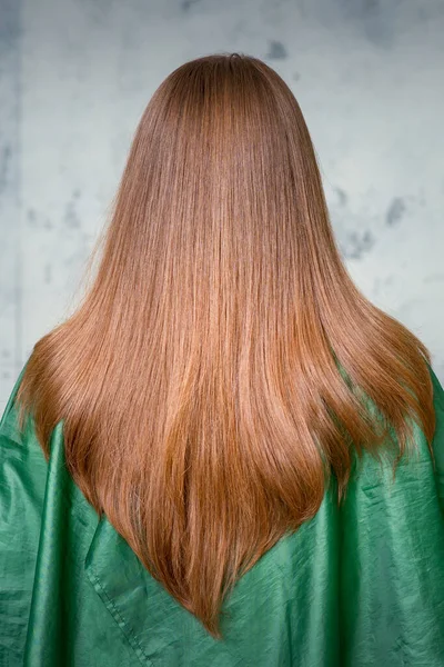 Вид Сзади Женщины Длинными Каштановыми Волосами Сером Фоне — стоковое фото