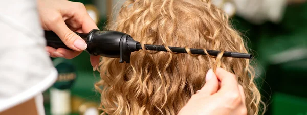 미용실 뒷모습에 미용실에서 곱슬머리를 하는데 사용하는 여자의 곱슬머리를 스타일리스트의 — 스톡 사진