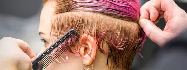 Розчісування Волосся Молодої Жінки Під Час Фарбування Волосся Рожевий Колір — стокове фото