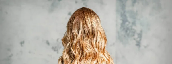 Rückansicht Einer Frau Mit Langen Braunen Haaren Vor Grauem Hintergrund — Stockfoto