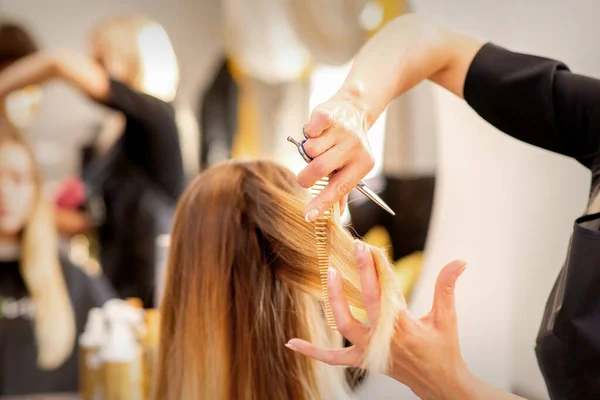 Cortar Cabelo Loiro Feminino Cabeleireiro Corta Cabelo Uma Jovem Mulher — Fotografia de Stock