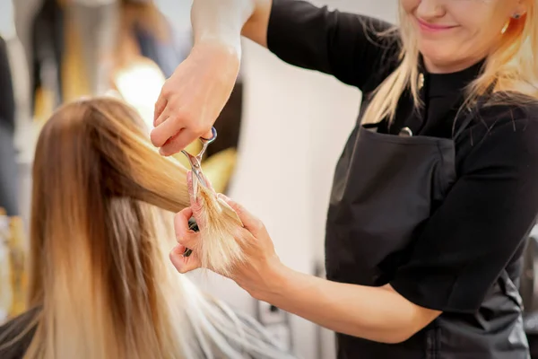 Cortar Cabello Rubio Femenino Peluquería Corta Pelo Una Joven Mujer —  Fotos de Stock