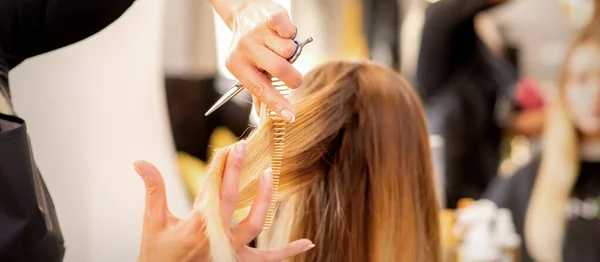 Cortar Cabelo Loiro Feminino Cabeleireiro Corta Cabelo Uma Jovem Mulher — Fotografia de Stock