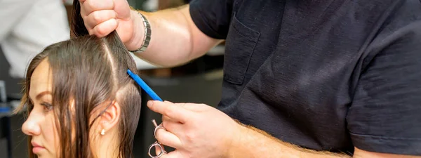 Friseur Teilt Weibliches Haar Abschnitte Mit Kamm Der Das Haar — Stockfoto