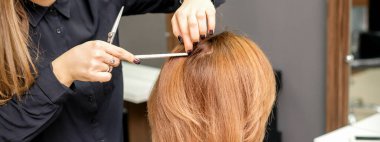 Kuaför, genç bir kadının uzun saçlarını güzellik salonundaki prosedürlere hazırlar.