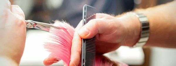 Woman Having New Haircut Male Hairstylist Cutting Pink Hair Scissors — Stock Photo, Image