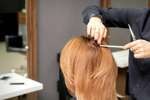 美容室での手続きに若い女性の長い髪を準備美容師 — ストック写真