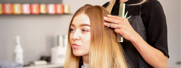 Uzun Saçlı Güzel Bir Kadın Kuaförü Saç Stiline Bakıp Bakıyorlar — Stok fotoğraf