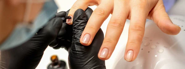 Manicure Painting Process Manicure Master Paint Nails Transparent Varnish Nail — Foto Stock