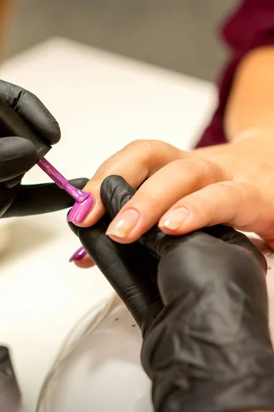 Professional Manicure Manicurist Painting Female Nails Client Purple Nail Polish — Stock fotografie