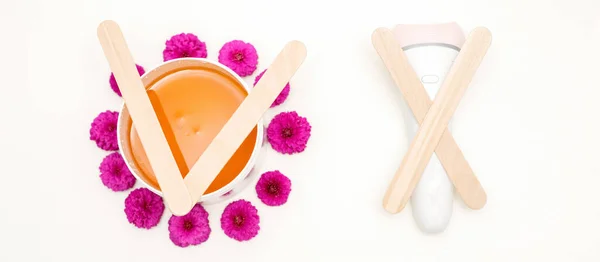 Waxing Depilation Concept Flat Lay White Cosmetic Jar Sugar Paste — Stockfoto