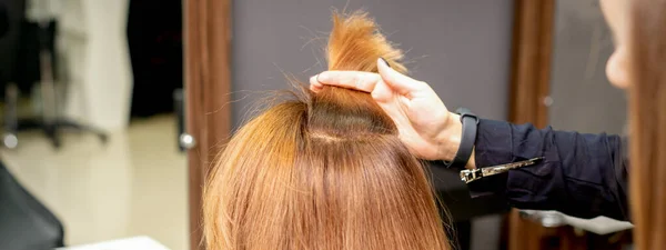 Cabeleireiro Mantém Fio Mão Entre Dedos Cabelo Feminino Exame Cabelo — Fotografia de Stock