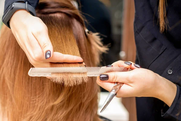 Friseurhände Halten Haarsträhne Zwischen Den Fingern Und Machen Haarschnitt Aus — Stockfoto