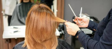 Red-haired woman sitting a front of the mirror and receiving haircut her red long hair by a female hairdresser in a hair salon, back view