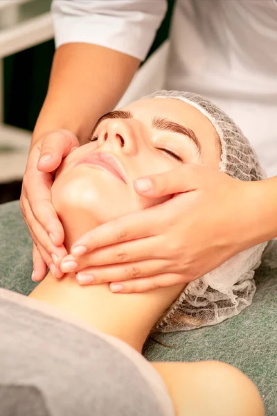 Facial Treatment Massage Beautiful Young Caucasian Woman Perfect Skin Receiving — Zdjęcie stockowe