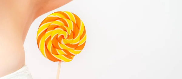 Waxing Depilation Concept Young Female Holds Lollipop Her Armpit White — 스톡 사진