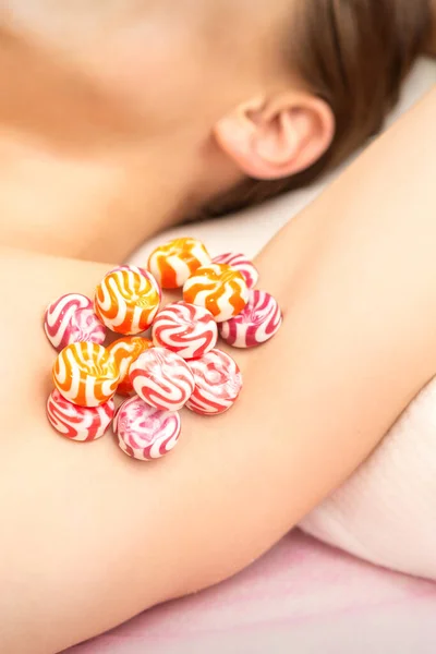 Waxing Depilation Armpit Concept Colored Candies Lying Female Armpit Close — ストック写真