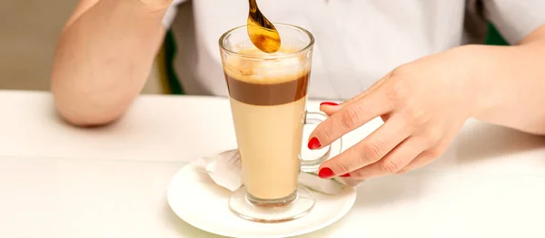Woman Latte Glass Mug Latte Coffee White Saucer Female Hands — Foto de Stock