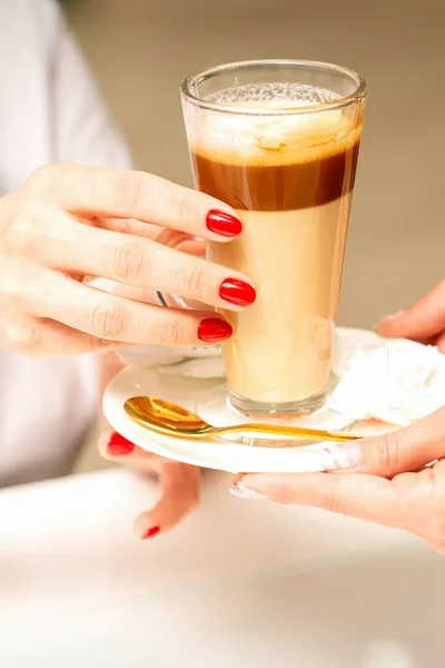 Barista Serving Coffee Latte Glass Mug Customer Close Hands — Foto de Stock