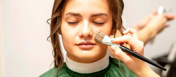 Makeup Artist Applies Cosmetic Tonal Foundation Face Using Makeup Brush — Stok fotoğraf