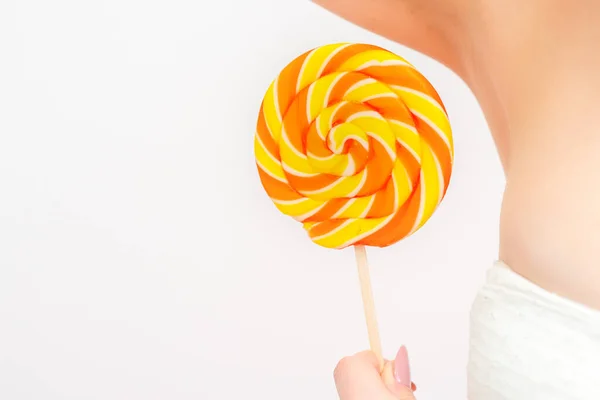 Waxing Depilation Concept Young Female Holds Lollipop Her Armpit White — 스톡 사진