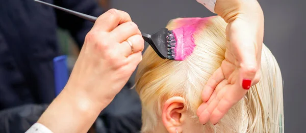 Aplicando Tintura Rosa Com Escova Cabelo Branco Uma Jovem Loira — Fotografia de Stock