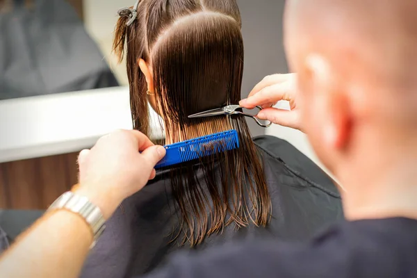 Fryzura Długich Mokrych Włosów Młodej Białej Kobiety Przez Męskiego Fryzjera — Zdjęcie stockowe