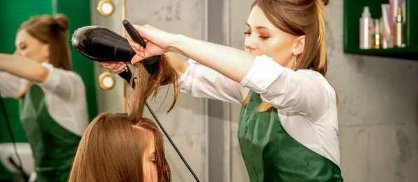 Hairdresser Drying Long Brown Hair Hairdryer Brush Beauty Salon — Stock Photo, Image
