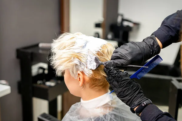 Kolorowanki Białe Włosy Farbą Włosów Pędzlem Przez Ręce Fryzjera Dla — Zdjęcie stockowe