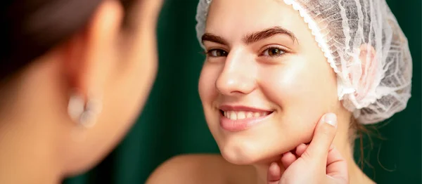 Plastic Surgery Beauty Concept Professional Cosmetician Examining Touching Face Beautiful — Fotografia de Stock