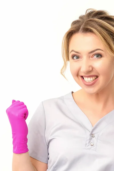 Happy Caucasian Woman Doctor Wearing Pink Gloves Celebrates Raising Fists — Fotografia de Stock