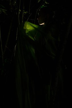 Ağaçlara sarılmış yeşil elbiseli kız.