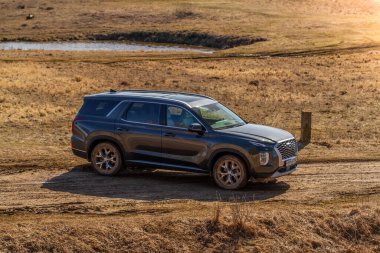 MOSCOW, RUSSIA - 10 Nisan 2021 Hyundai Palisade LX2 dış görünüş. Hyundai Palisade dış görünüşü doğa arka planına yakın. Off-road engeli.