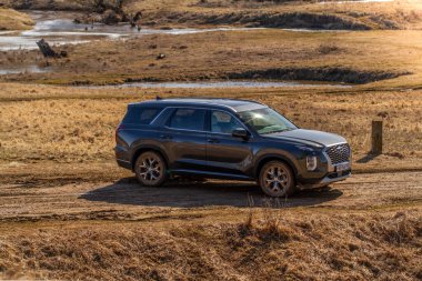 MOSCOW, RUSSIA - 10 Nisan 2021 Hyundai Palisade LX2 dış görünüş. Hyundai Palisade dış görünüşü doğa arka planına yakın. Off-road engeli.